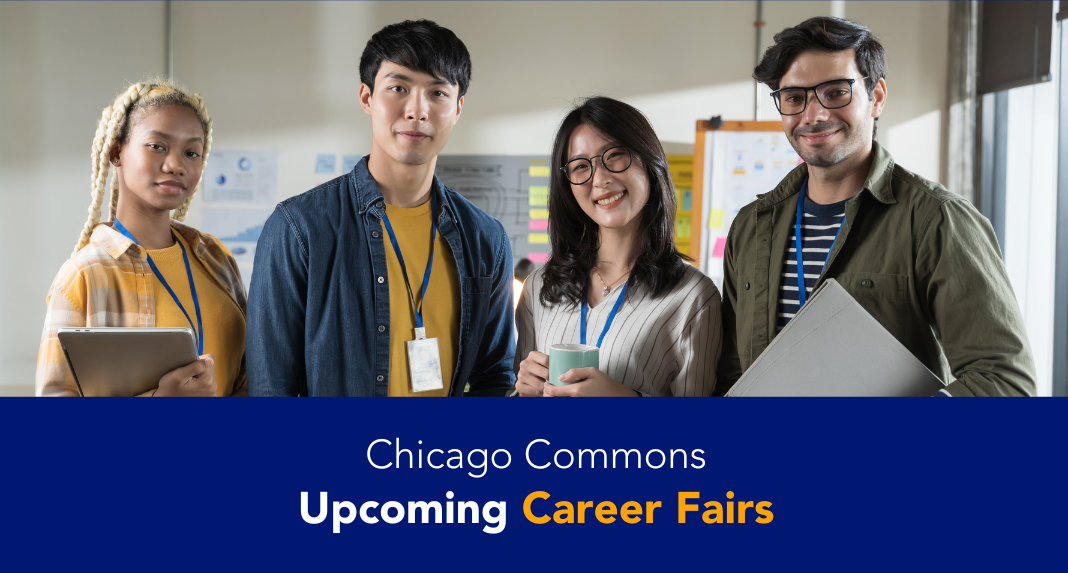 Four students with a blue banner saying "Chicago Commons Upcoming Career Fairs"